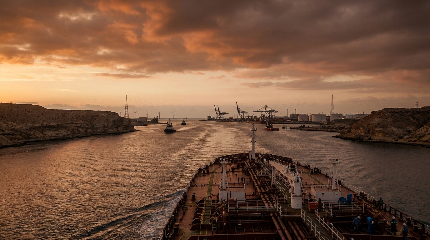 Precio del crudo Brent al alza, buque tanque en el estrecho de Ormuz al atardecer