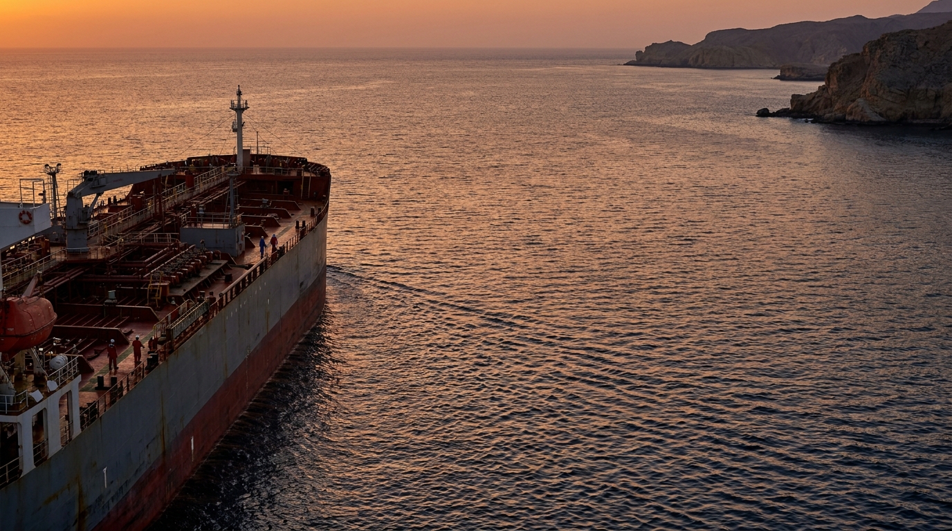 Buque tanque en el Estrecho de Ormuz al atardecer, Brent cae a 72 dólares por barril