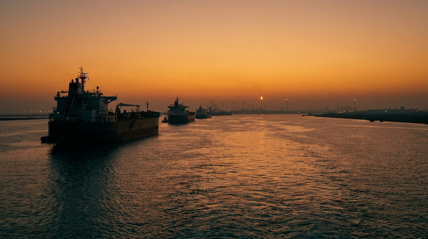 crude oil tankers silhouetted against the Strait of Hormuz at golden hour