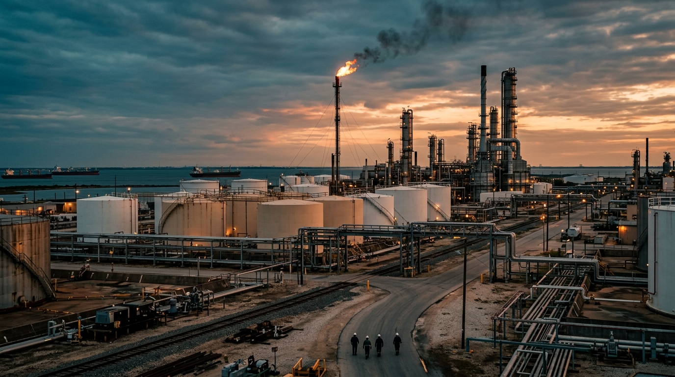 Refinery towers with steam, Brent crude price decline in markets