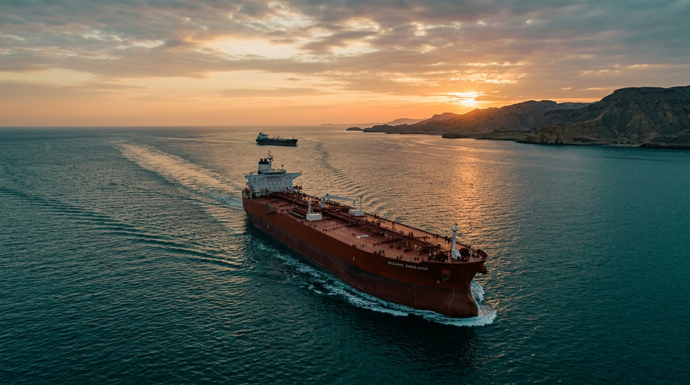 Oil tanker crossing the Strait of Hormuz at dusk, Brent price reference