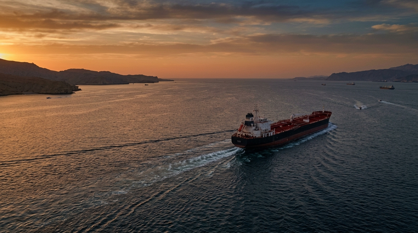 Oil tanker crossing the Strait of Hormuz in the waters of the Persian Gulf