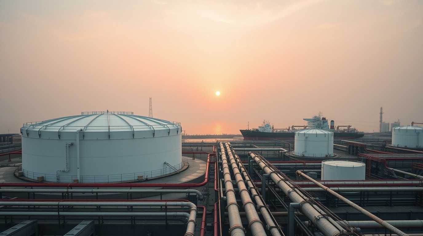 Terminal de exportación de crudo con buques tanque y precio del Brent al alza