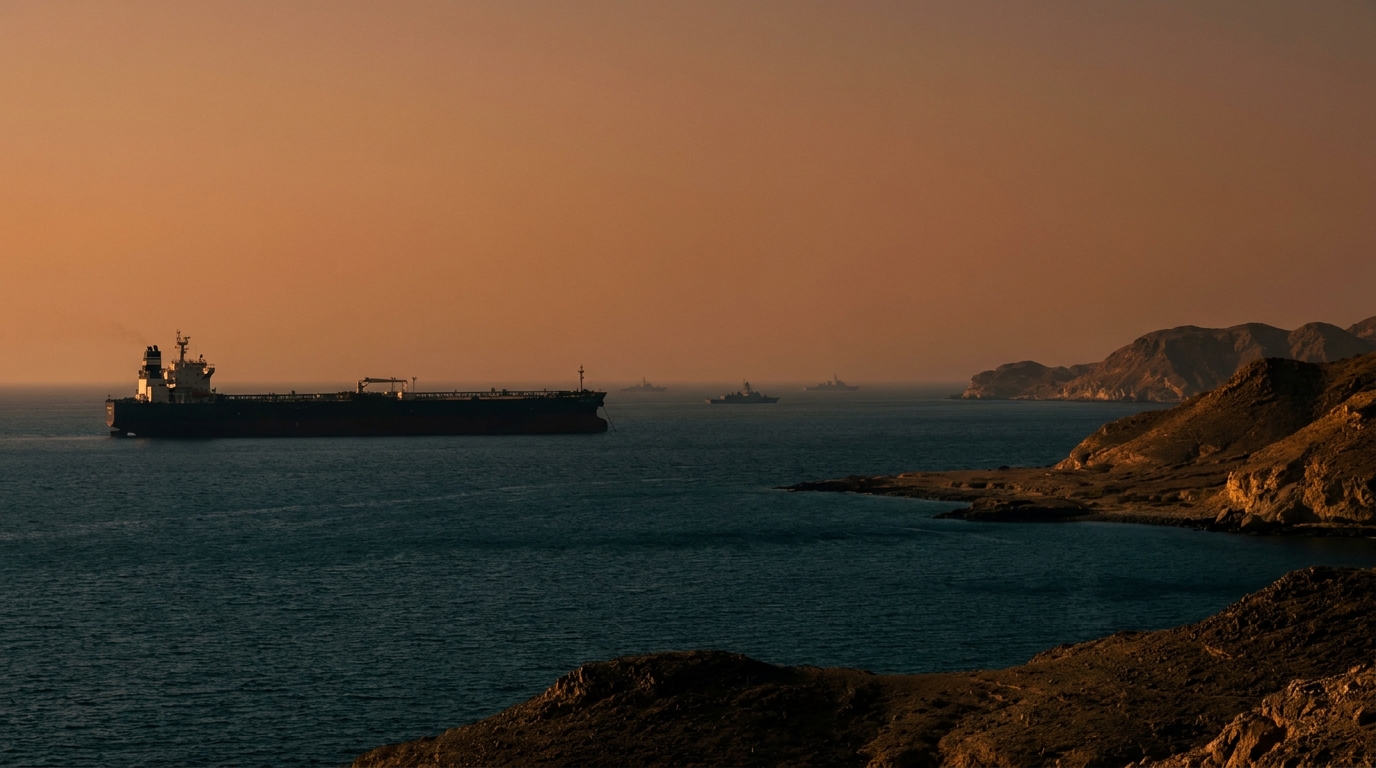 Buque petrolero en el Estrecho de Ormuz al atardecer, tránsito marítimo de crudo y GNL