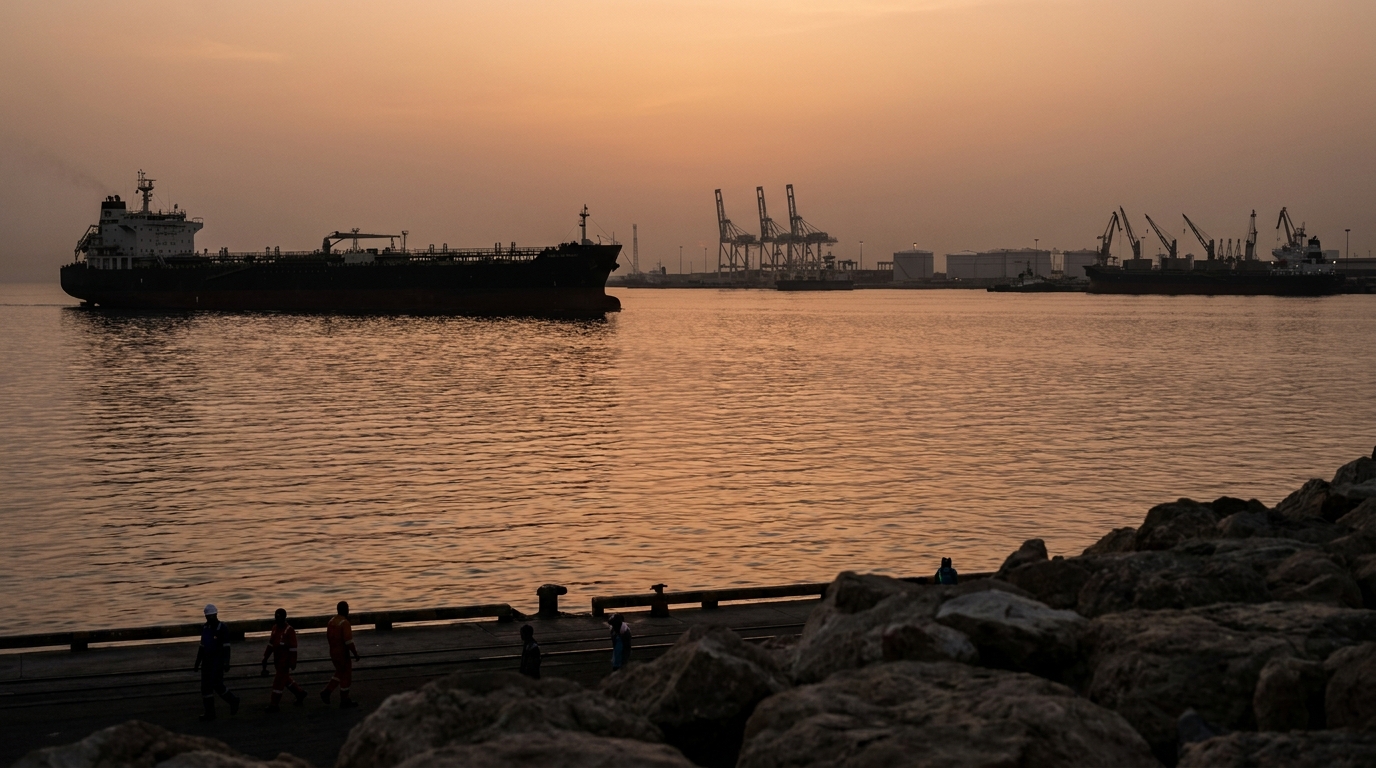 Barriles de crudo y buque tanque en el Estrecho de Ormuz al atardecer