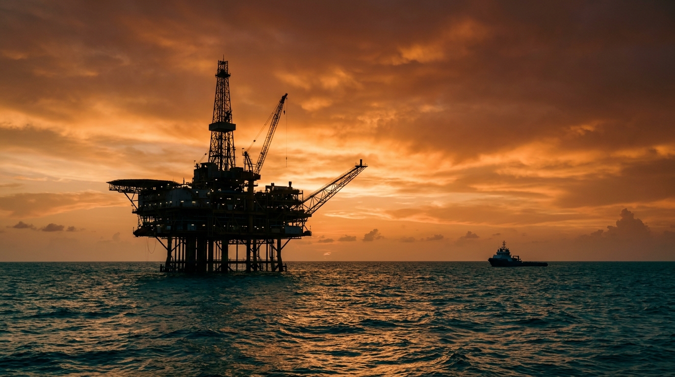 Plataforma petrolera en el Golfo de México al atardecer, crudo Brent supera 100 dólares