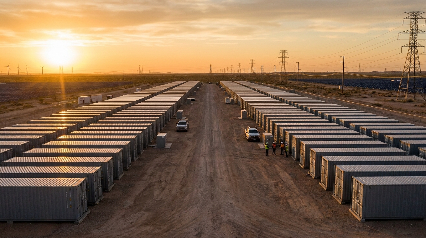 Contenedores de baterías BESS a gran escala en parque energético al atardecer