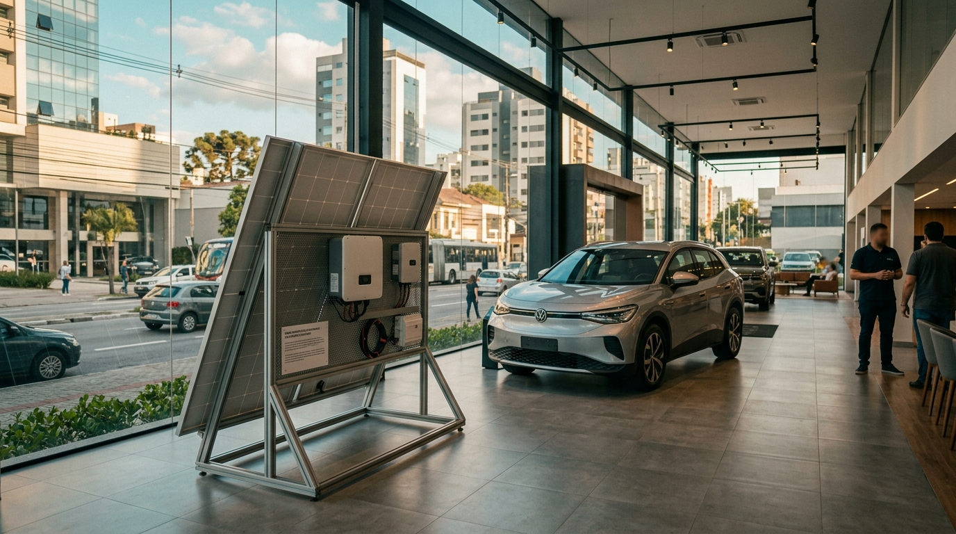 Kits solares de BYD en concesionario de Brasil junto a vehículo eléctrico