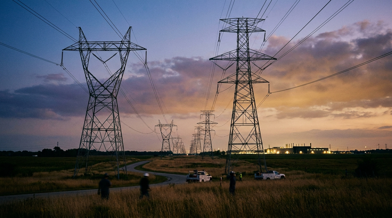 Torres de transmisión al atardecer con instalaciones de centros de datos en el horizonte de Virginia
