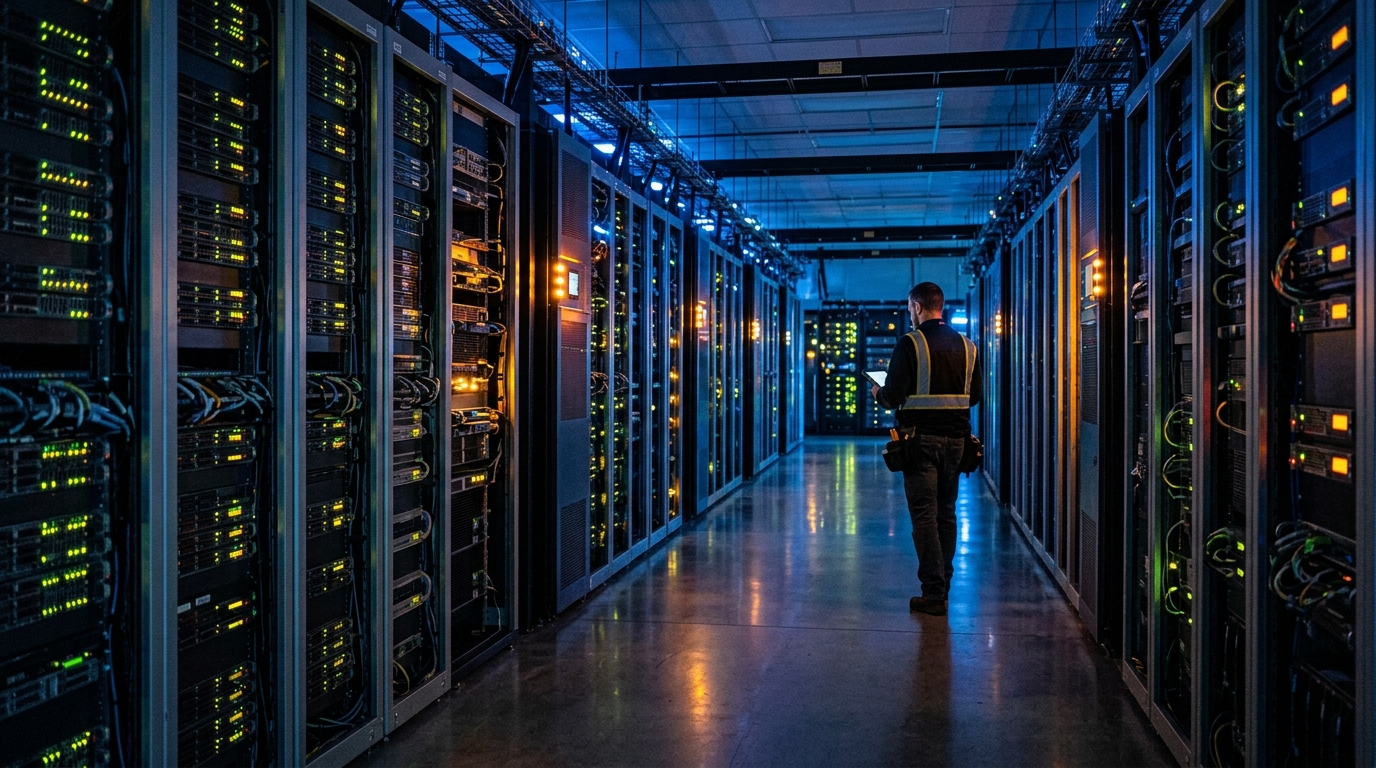 Data centers in California, rows of server cabinets with transmission lines in the background