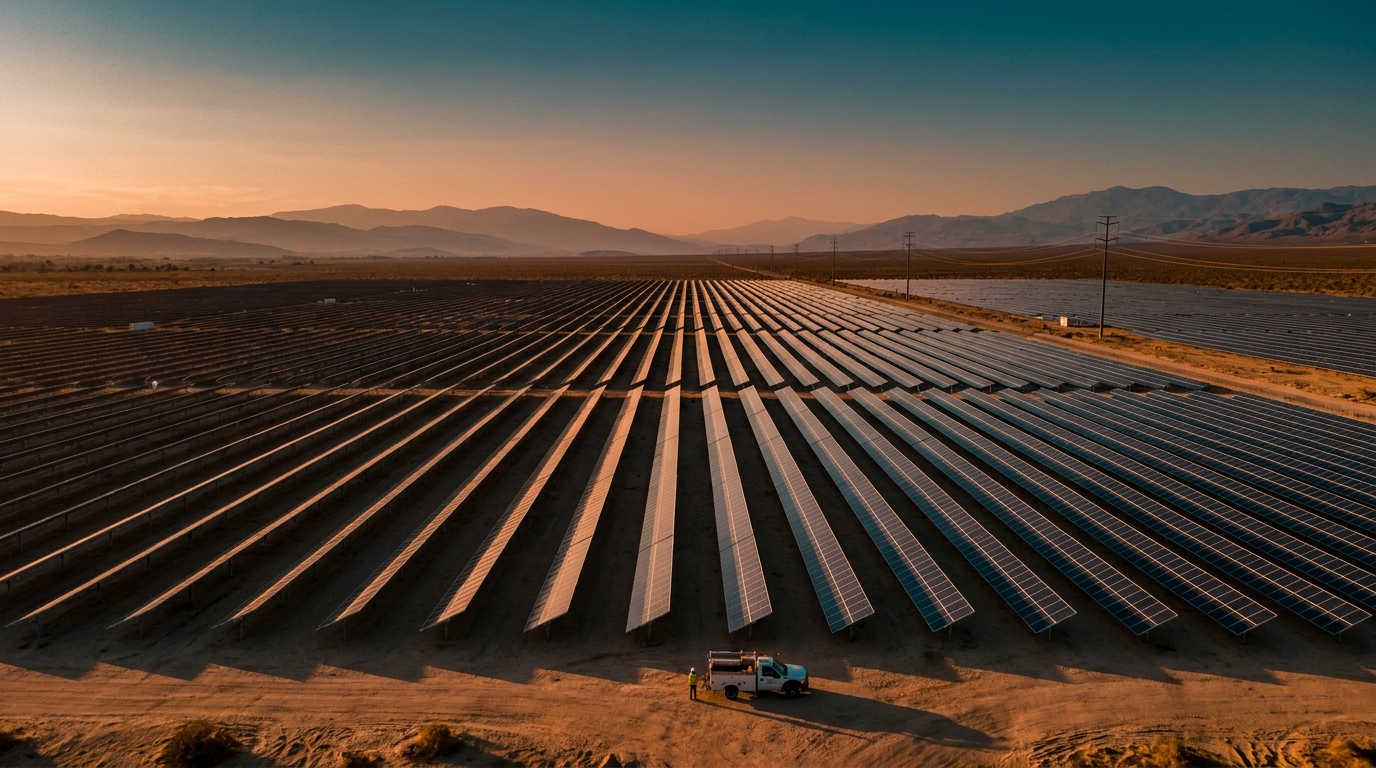 Parque solar extenso con paneles fotovoltaicos bajo luz dorada del atardecer en California
