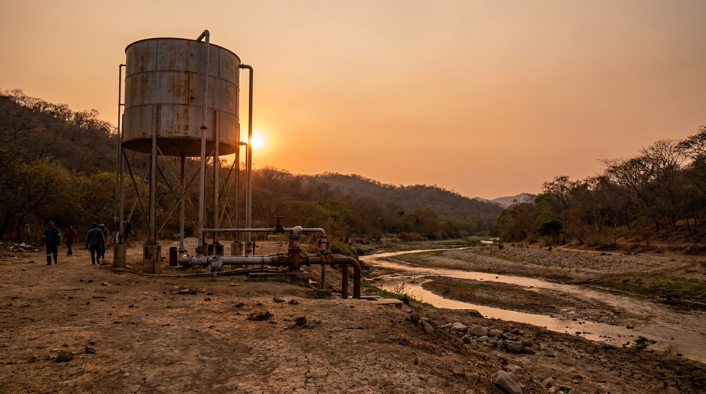 Pozo radial y tanque elevado de agua junto al río Papagayo en zona rural de Guerrero