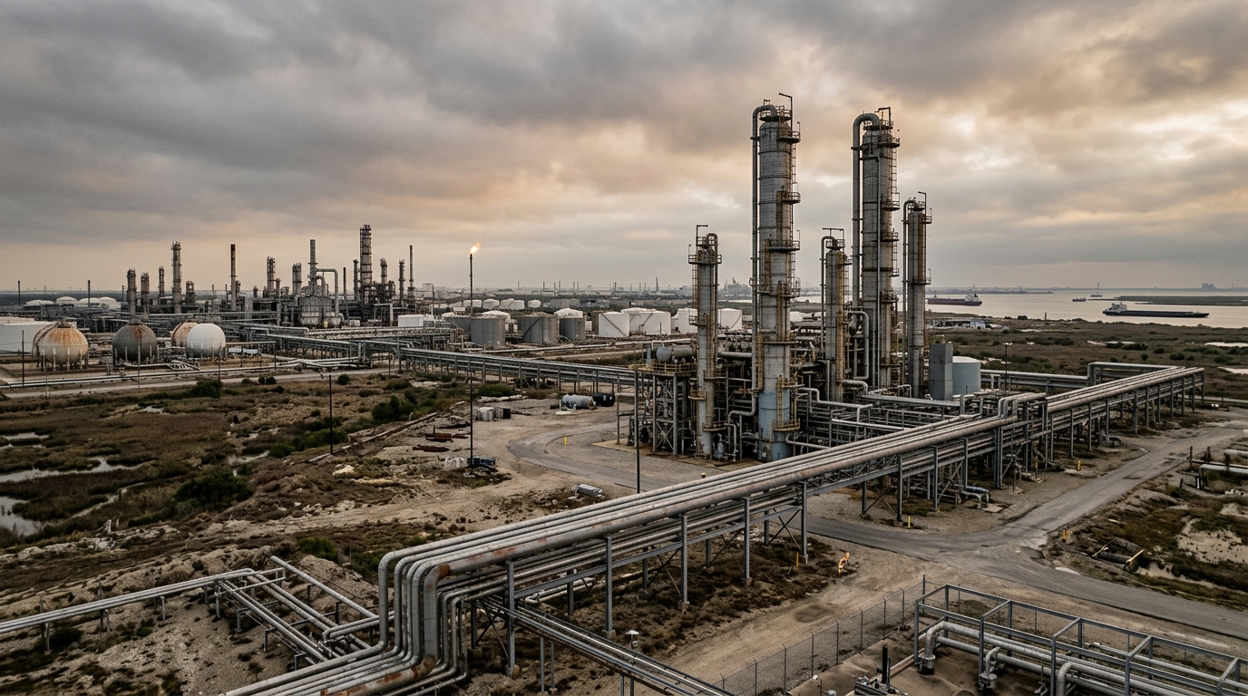 Industrial steam plume from a carbon capture plant at an energy facility, warm tones