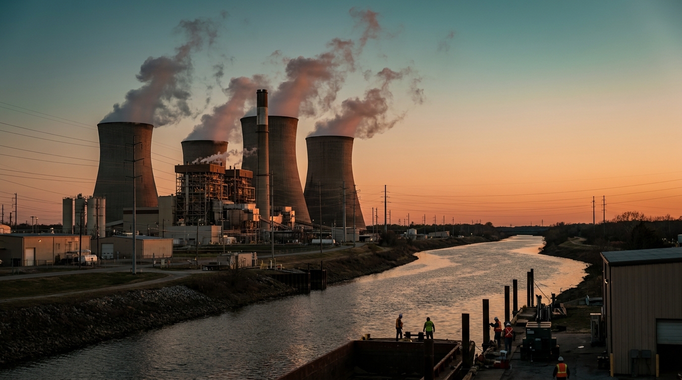 planta carboeléctrica con torres de enfriamiento al atardecer en corredor industrial