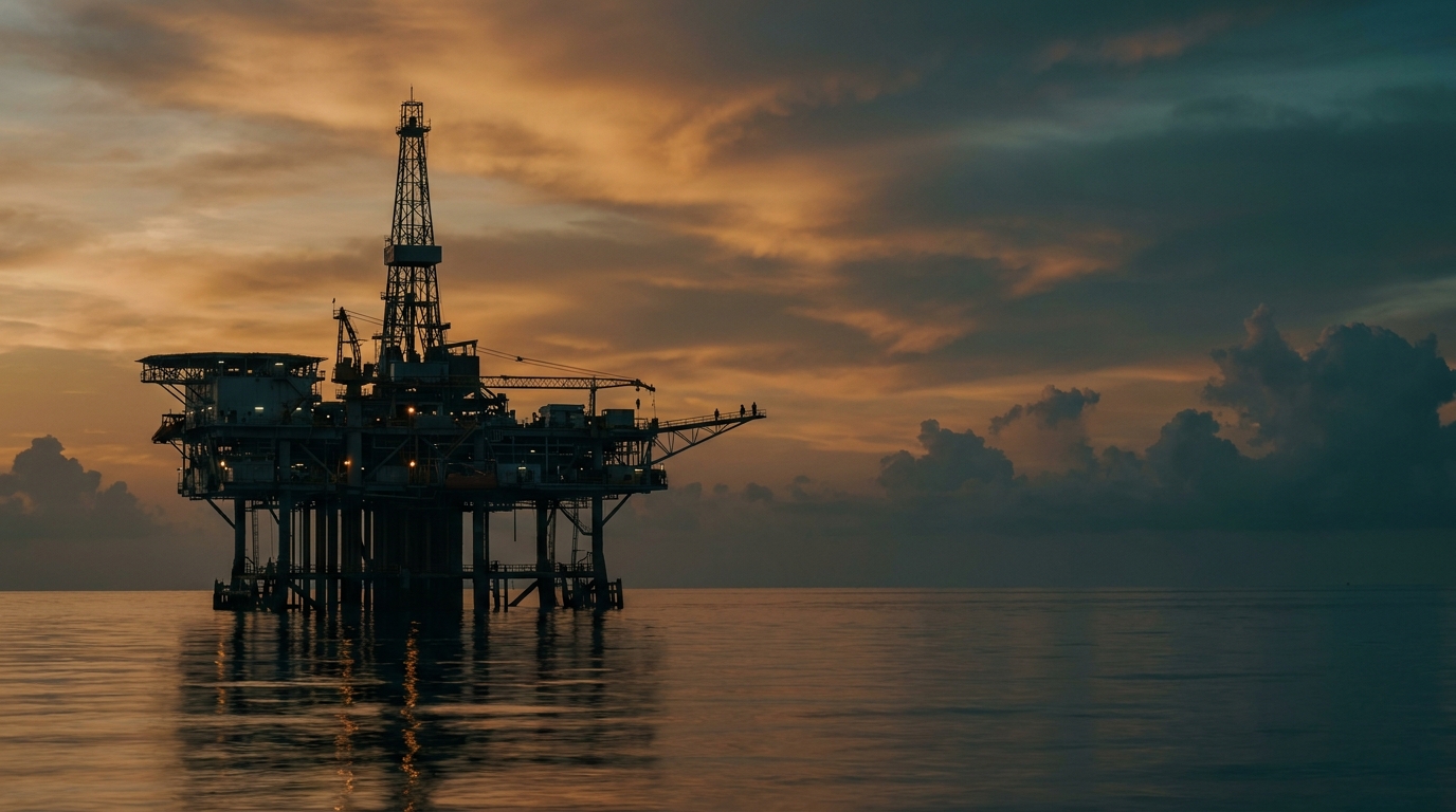 Plataforma petrolera en aguas someras del Golfo de México al atardecer, bloque KAN