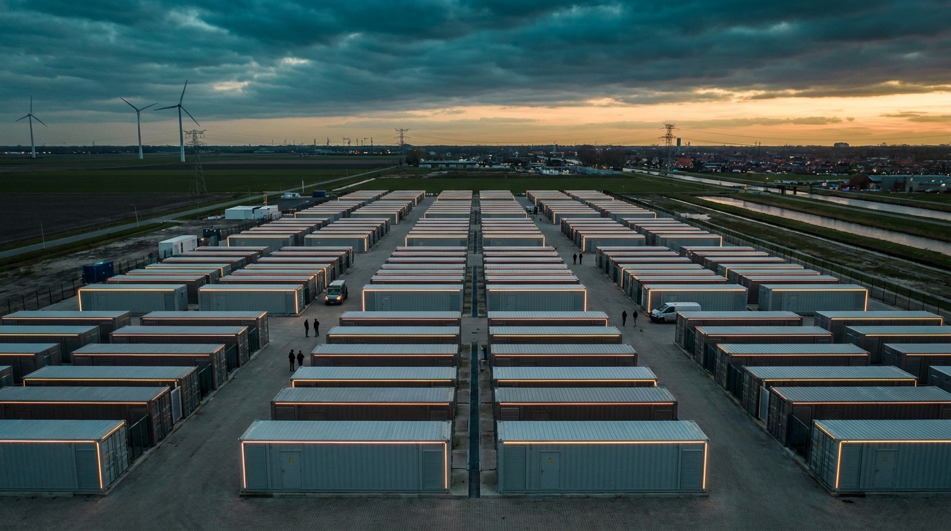 Baterías de sodio CATL en contenedor de almacenamiento energético en paisaje industrial europeo