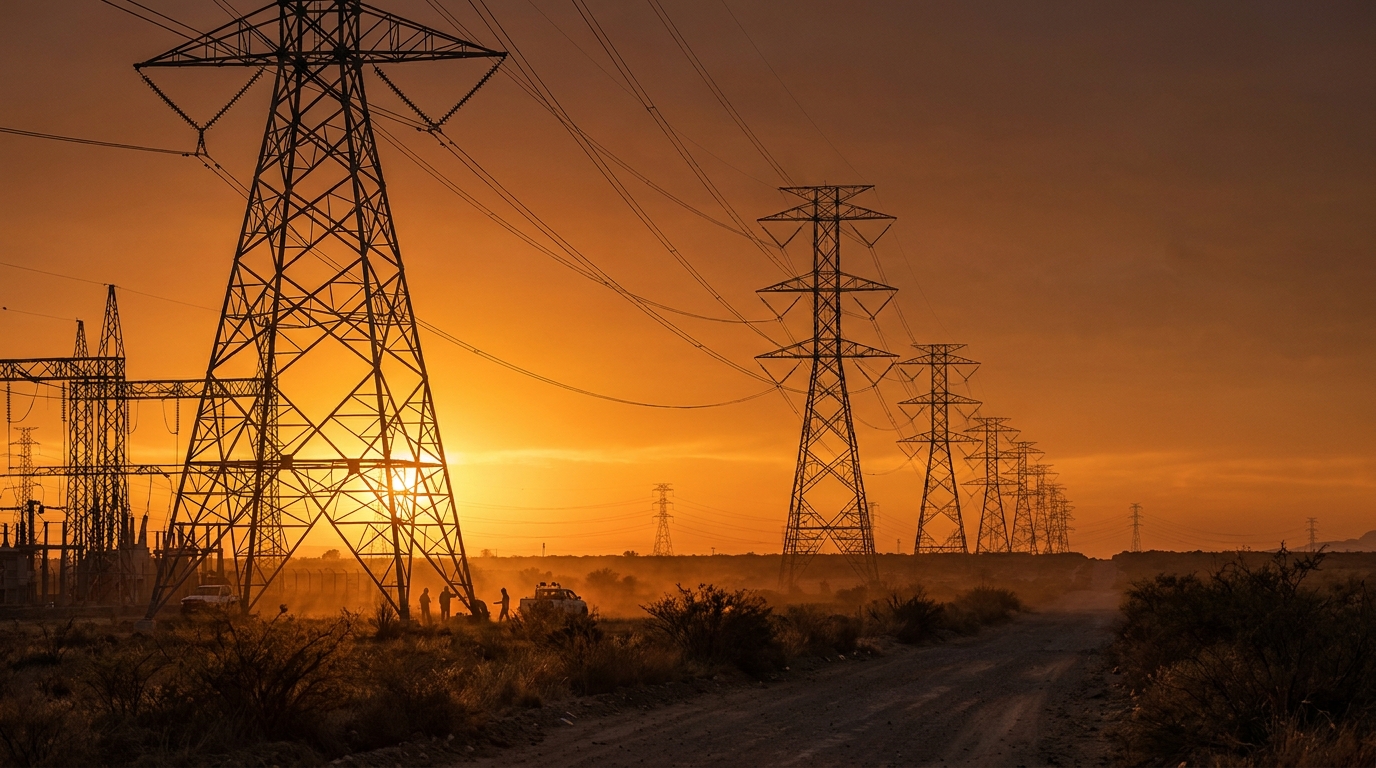 Torres de alta tensión al atardecer en la red eléctrica nacional mexicana