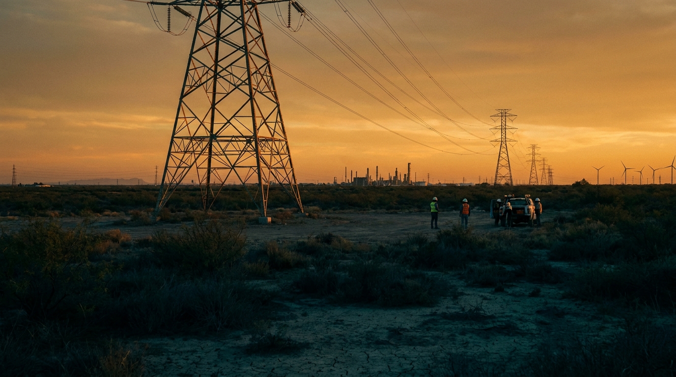 Torres de alta tensión del sistema eléctrico nacional de México al anochecer