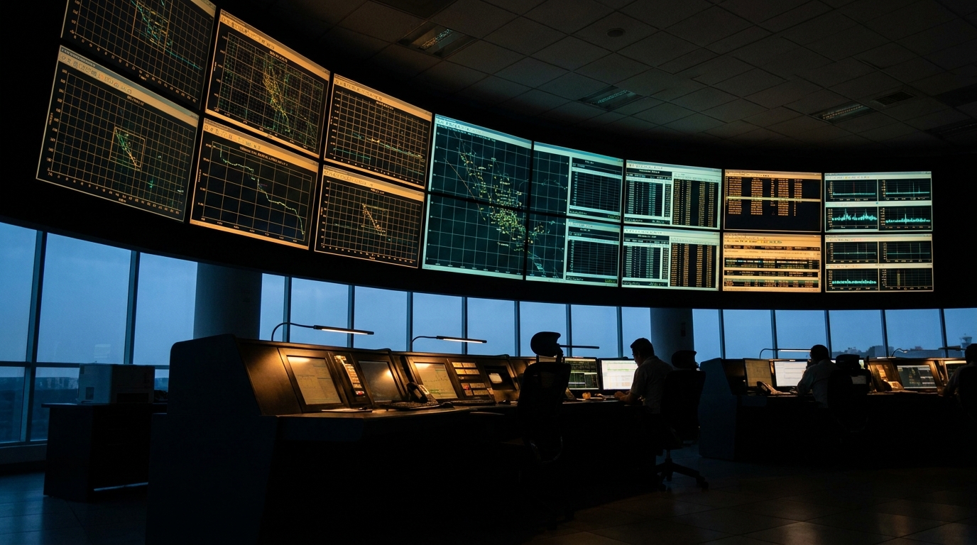 Sala de control con pared de monitores mostrando datos del Sistema Eléctrico Nacional, luces ámbar