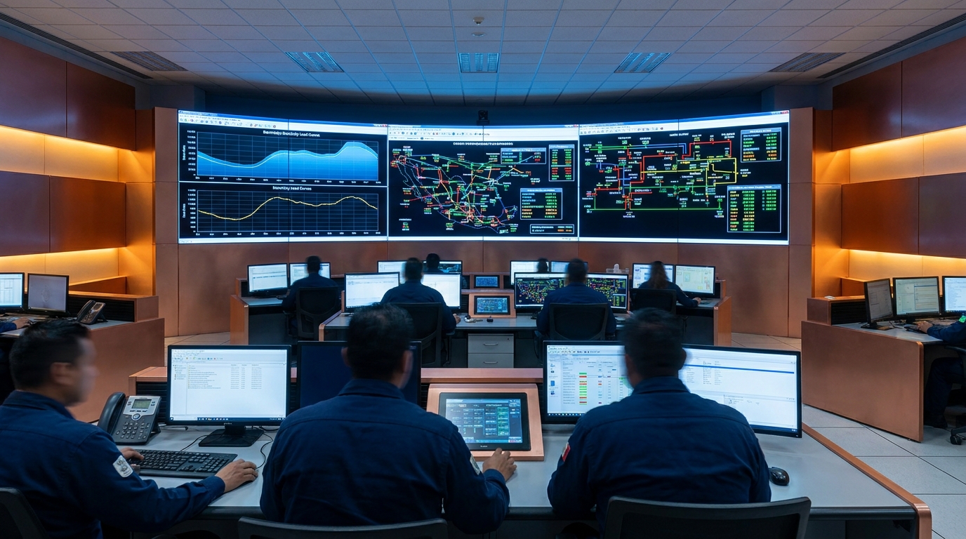 Sala de control CENACE con pantallas de demanda eléctrica sistema nacional México