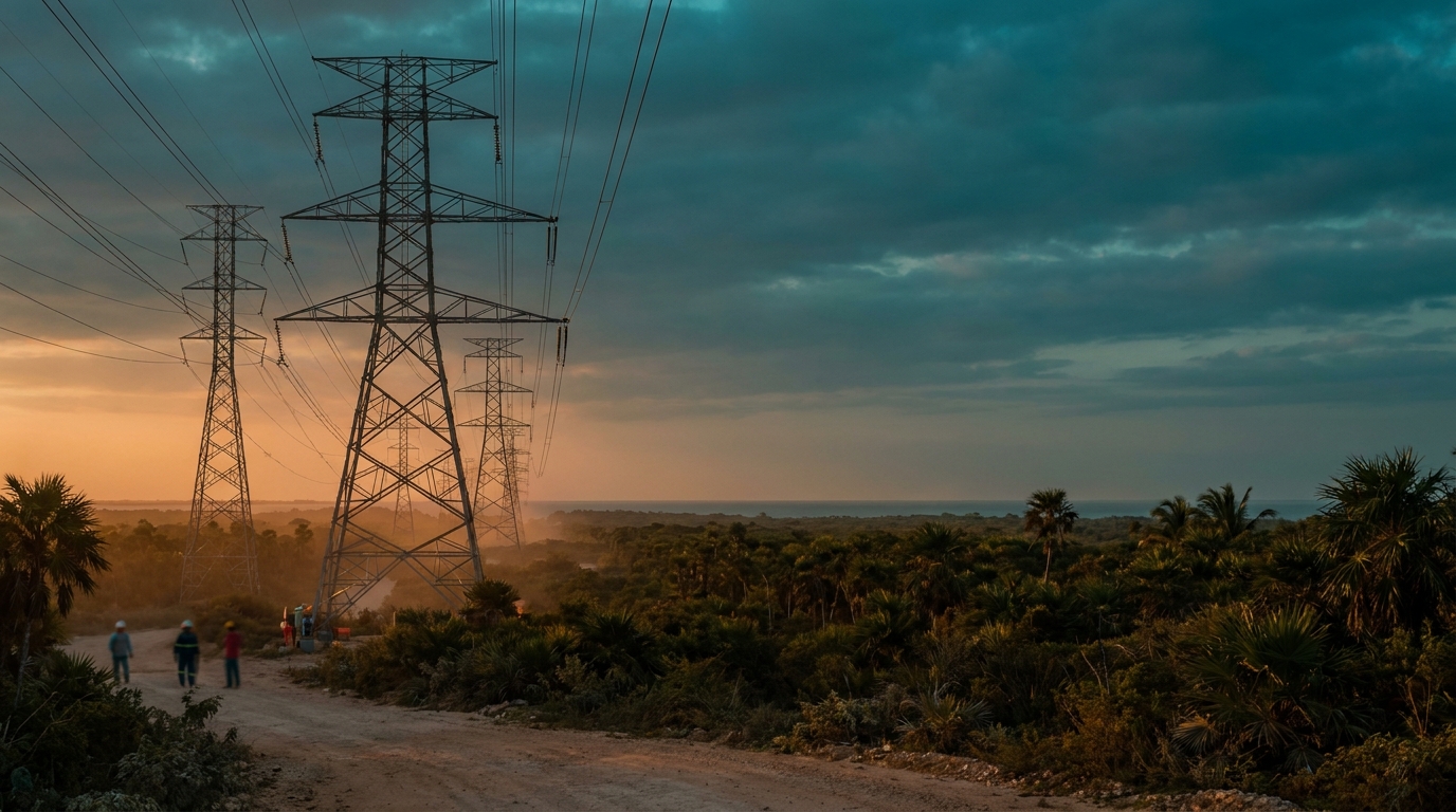 Torres de transmisión eléctrica de alta tensión en zona tropical al atardecer