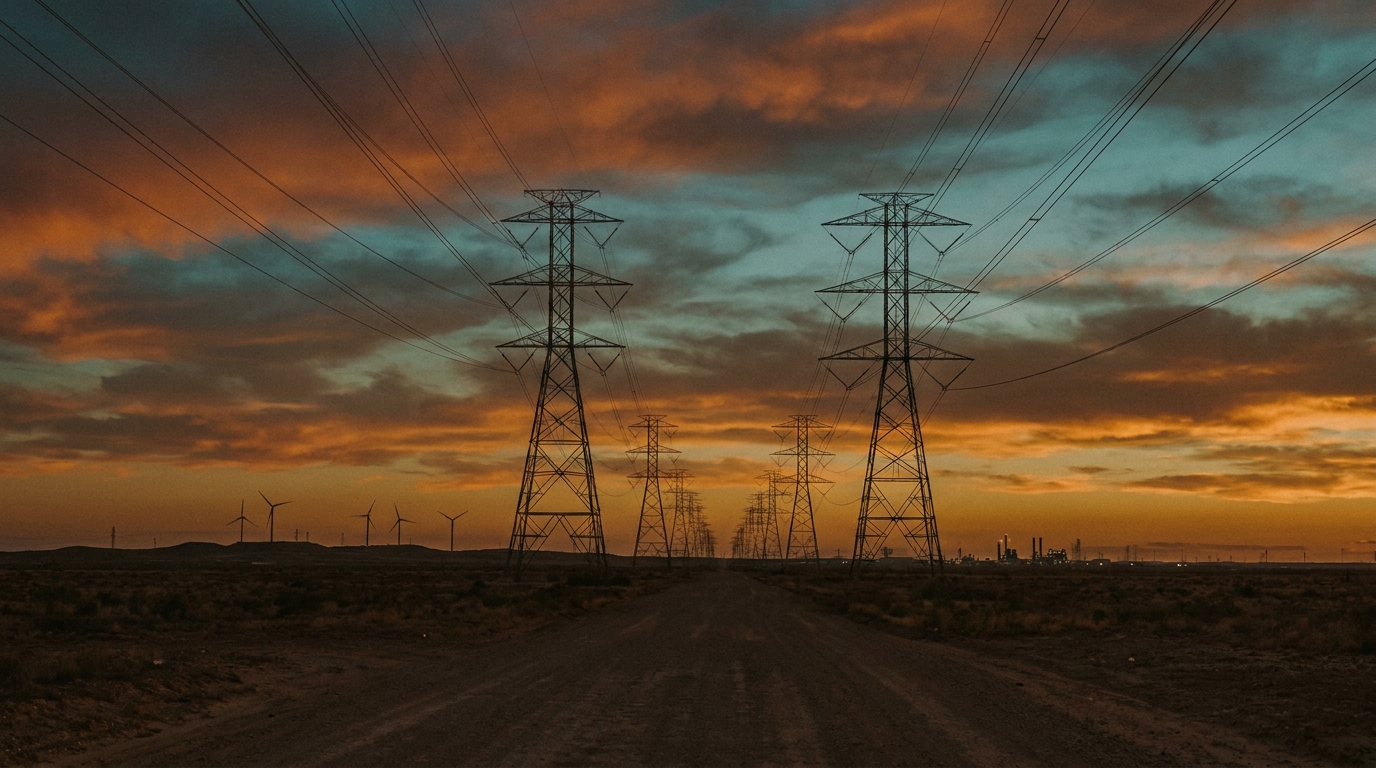 Líneas de transmisión de alta tensión en paisaje de Texas al atardecer con tonos ámbar e industriales