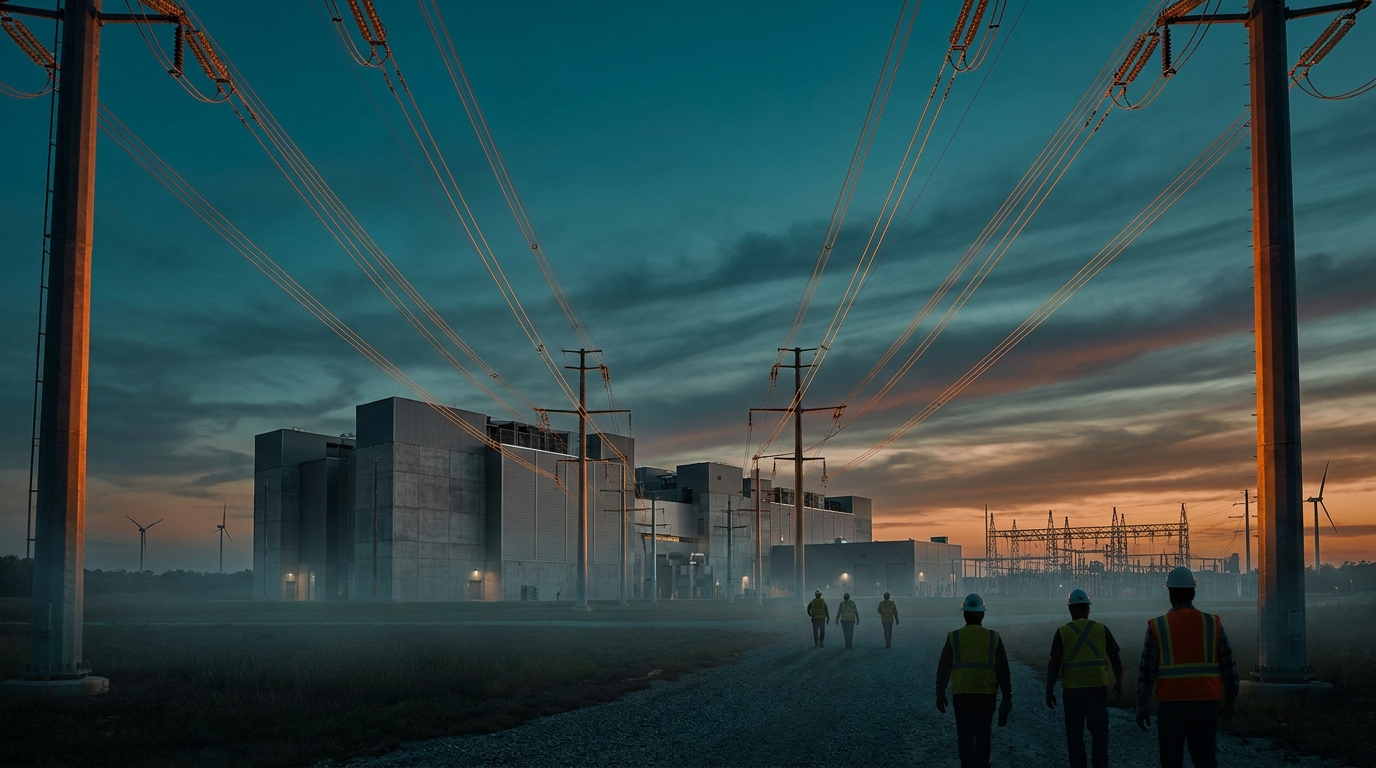 Centro de datos industrial con torres de transmisión eléctrica al atardecer, subasta de capacidad PJM