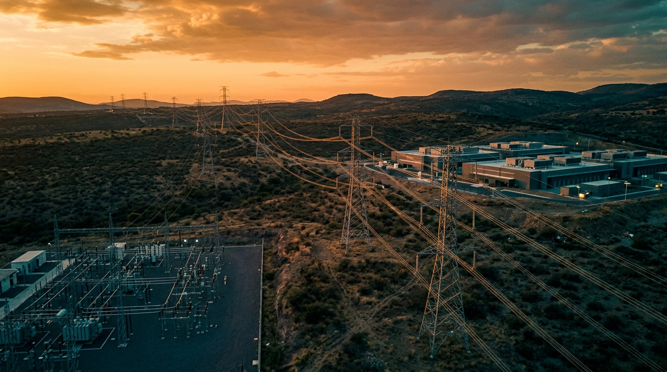 Electric transmission towers beside a data center campus in Querétaro