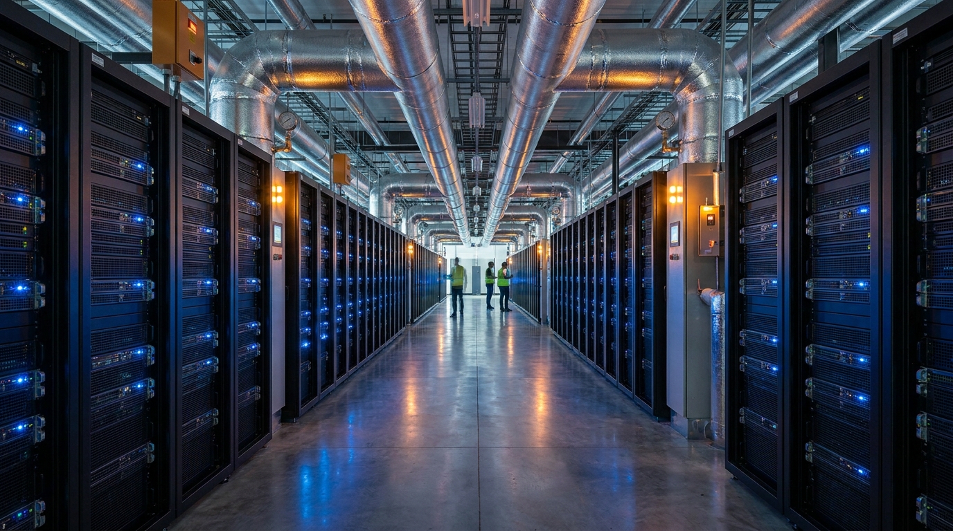 Data center aisle with server racks and blue indicator lights, industrial cooling infrastructure visible
