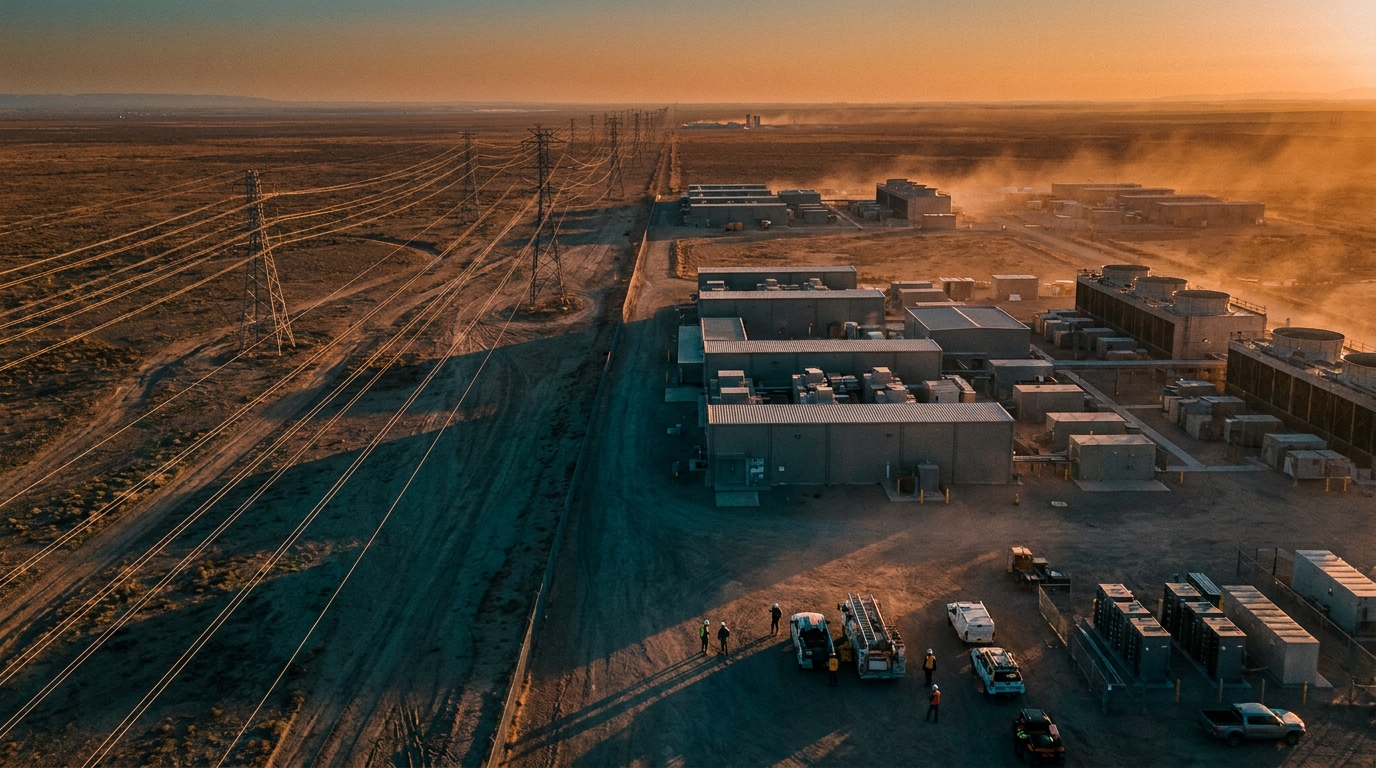Centro de datos industrial con torres de transmisión eléctrica al atardecer