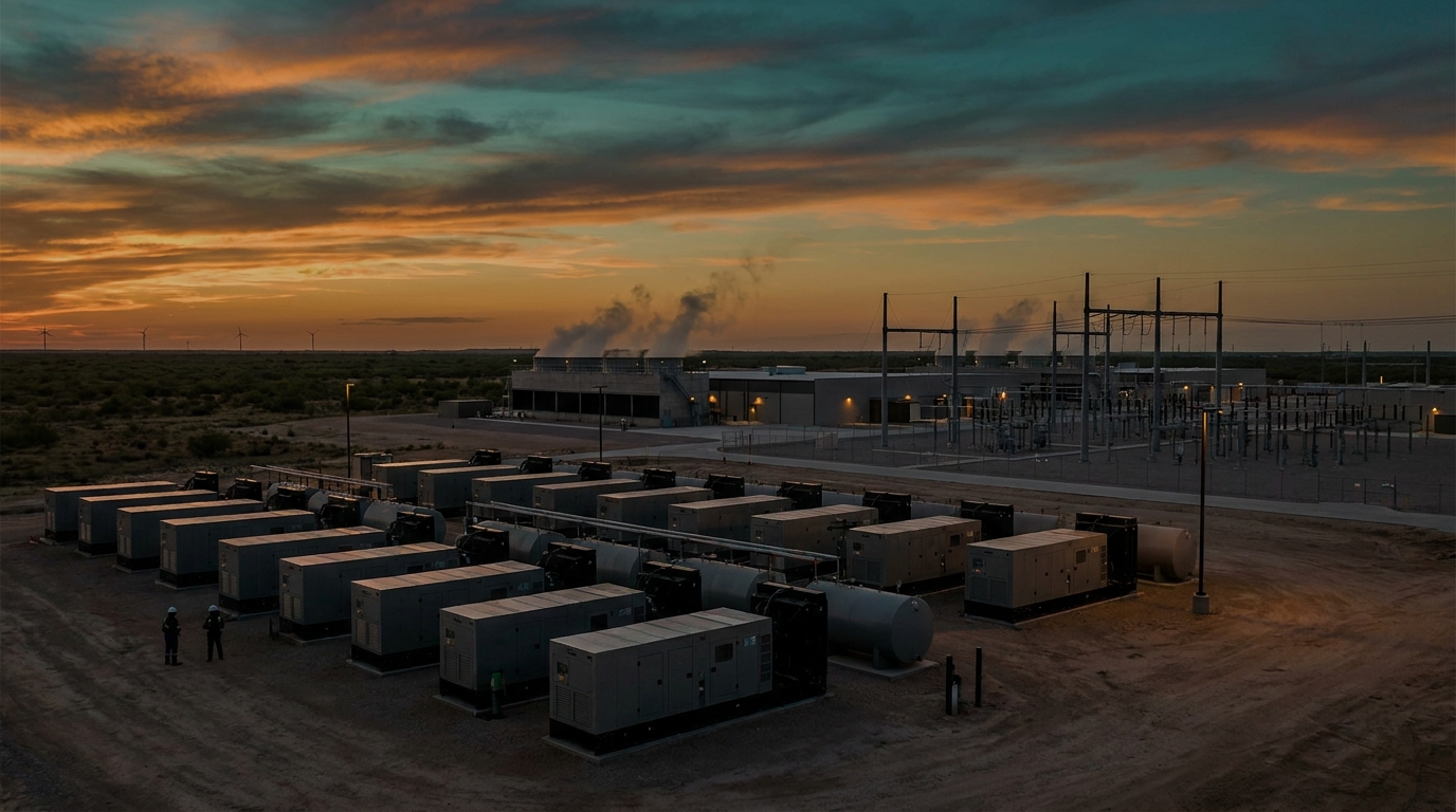 Centro de datos industrial con torres de enfriamiento y generadores diésel en paisaje texano