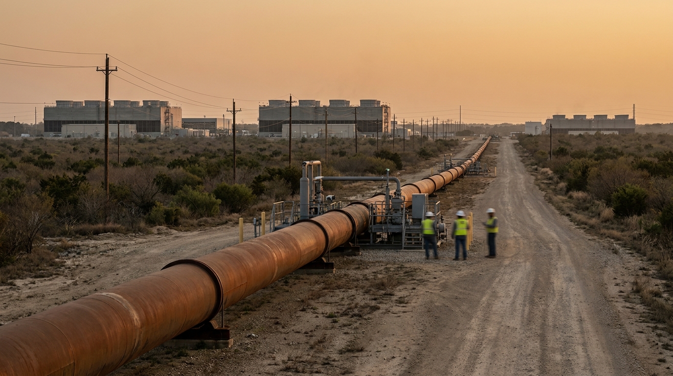 Infraestructura de gas natural y centros de datos en paisaje industrial del sureste estadounidense