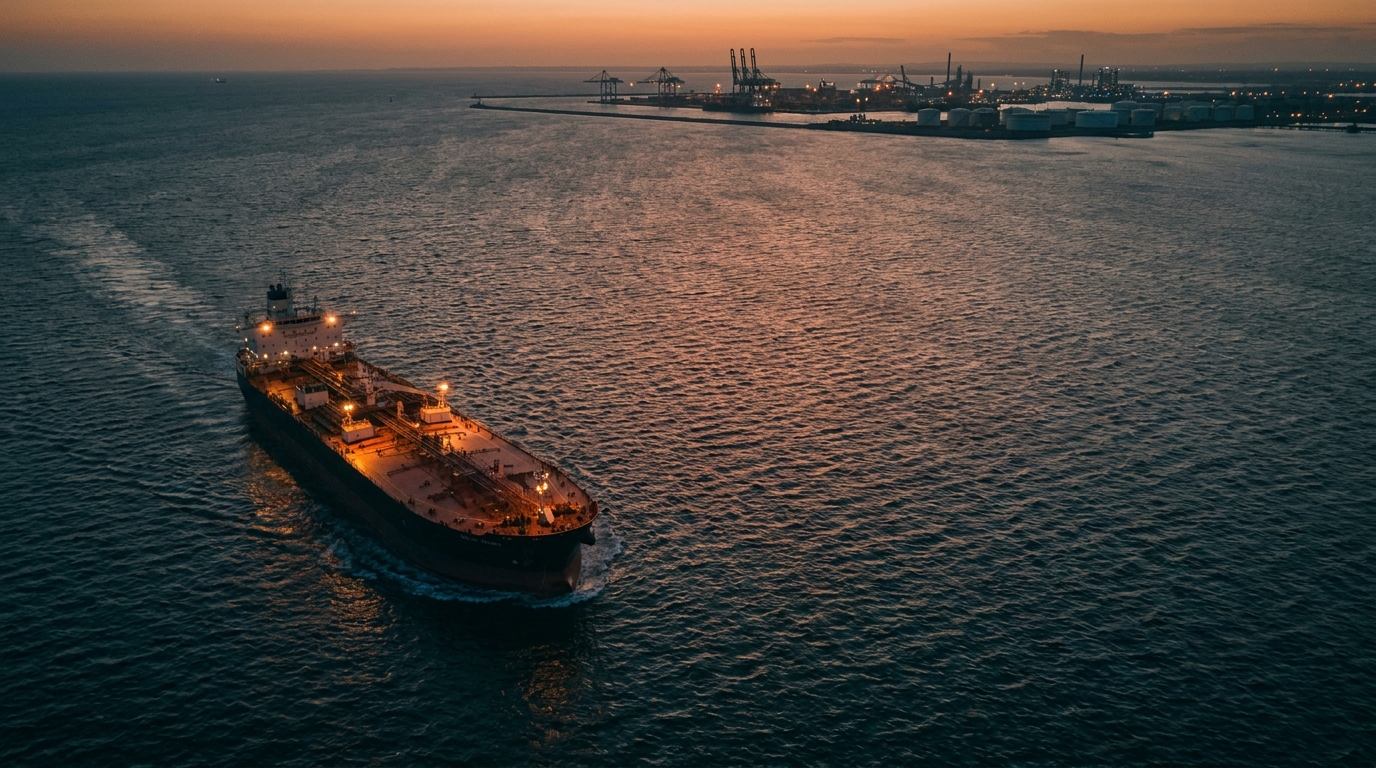 Buque tanque en altamar al atardecer, representando el comercio petrolero global y el estrecho de Ormuz