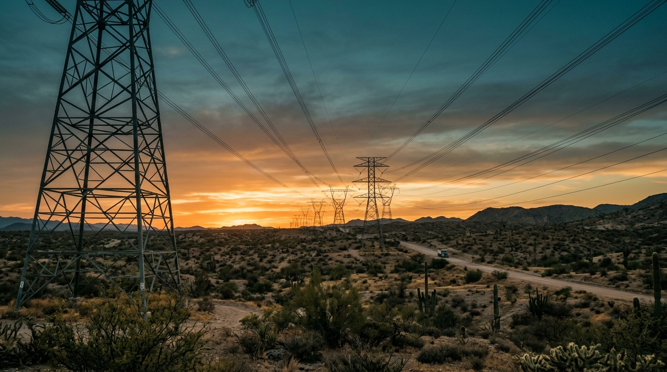 CFE transmission lines at dusk, power outages declining across Mexico's northern grid