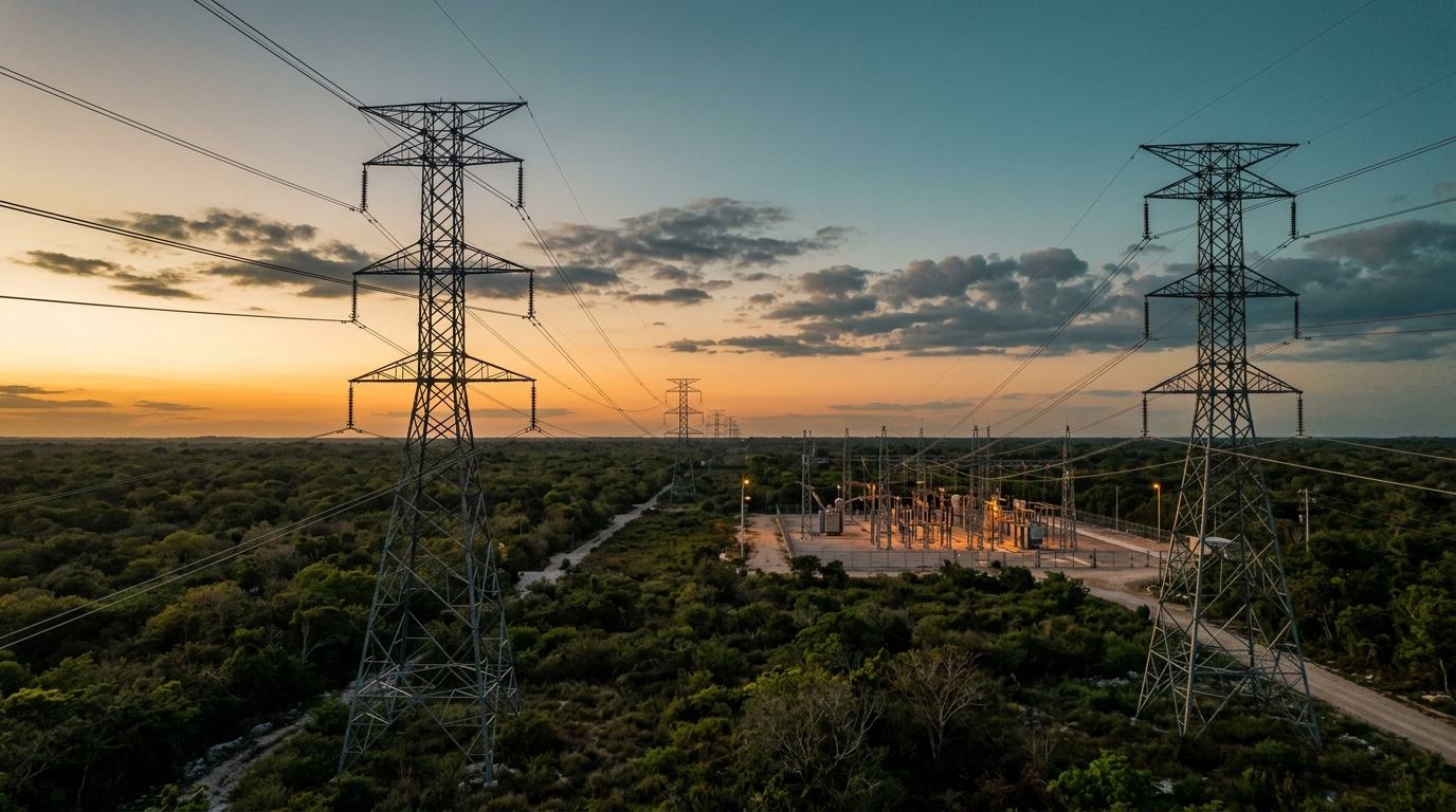Torres de transmisión eléctrica en Yucatán durante los apagones en la península