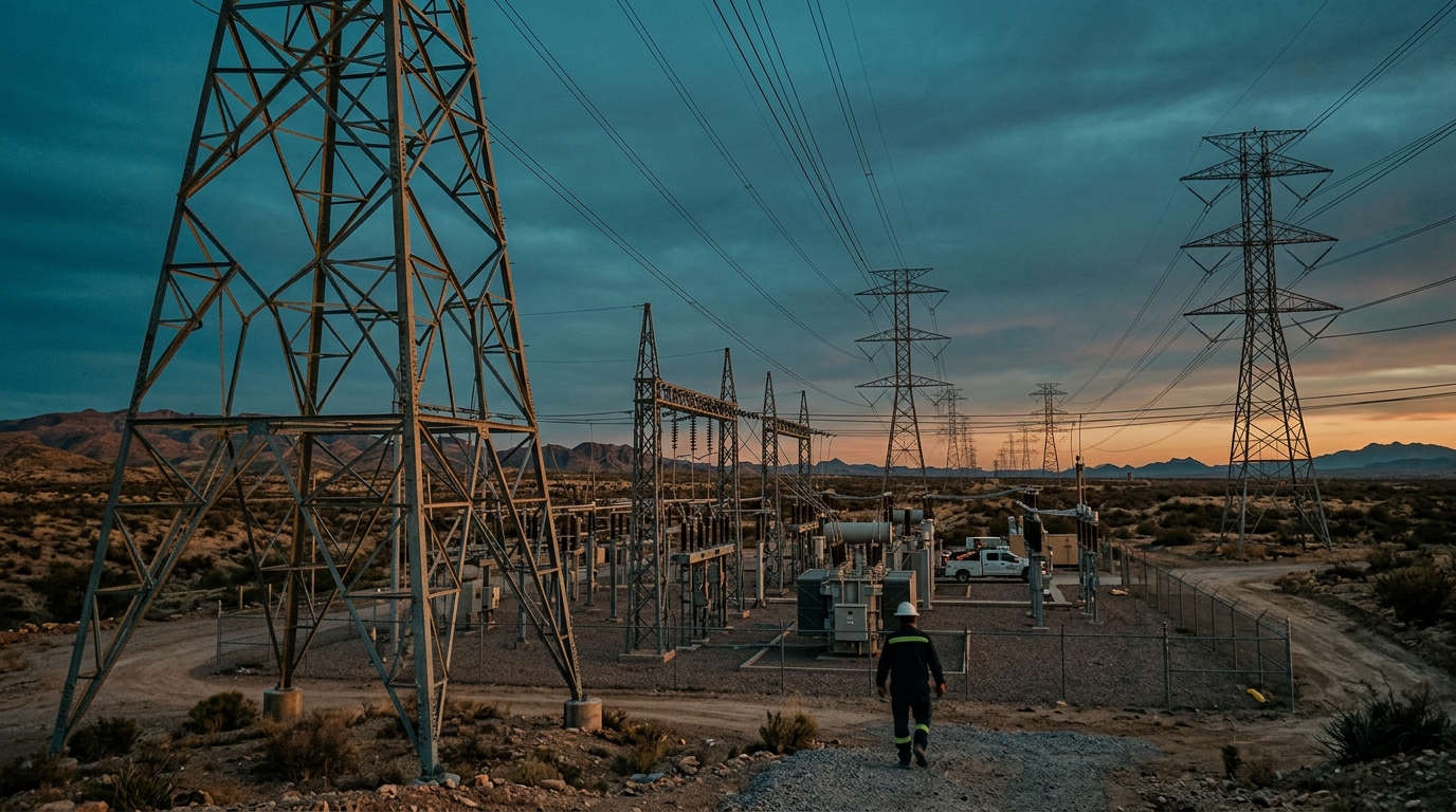 Subestación eléctrica de CFE y torres de transmisión al atardecer con capital privado