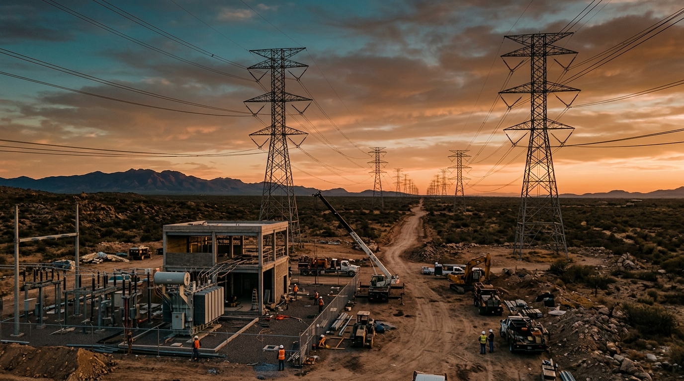 Electricity transmission towers at sunset, with CFE's grid expanding through private investment