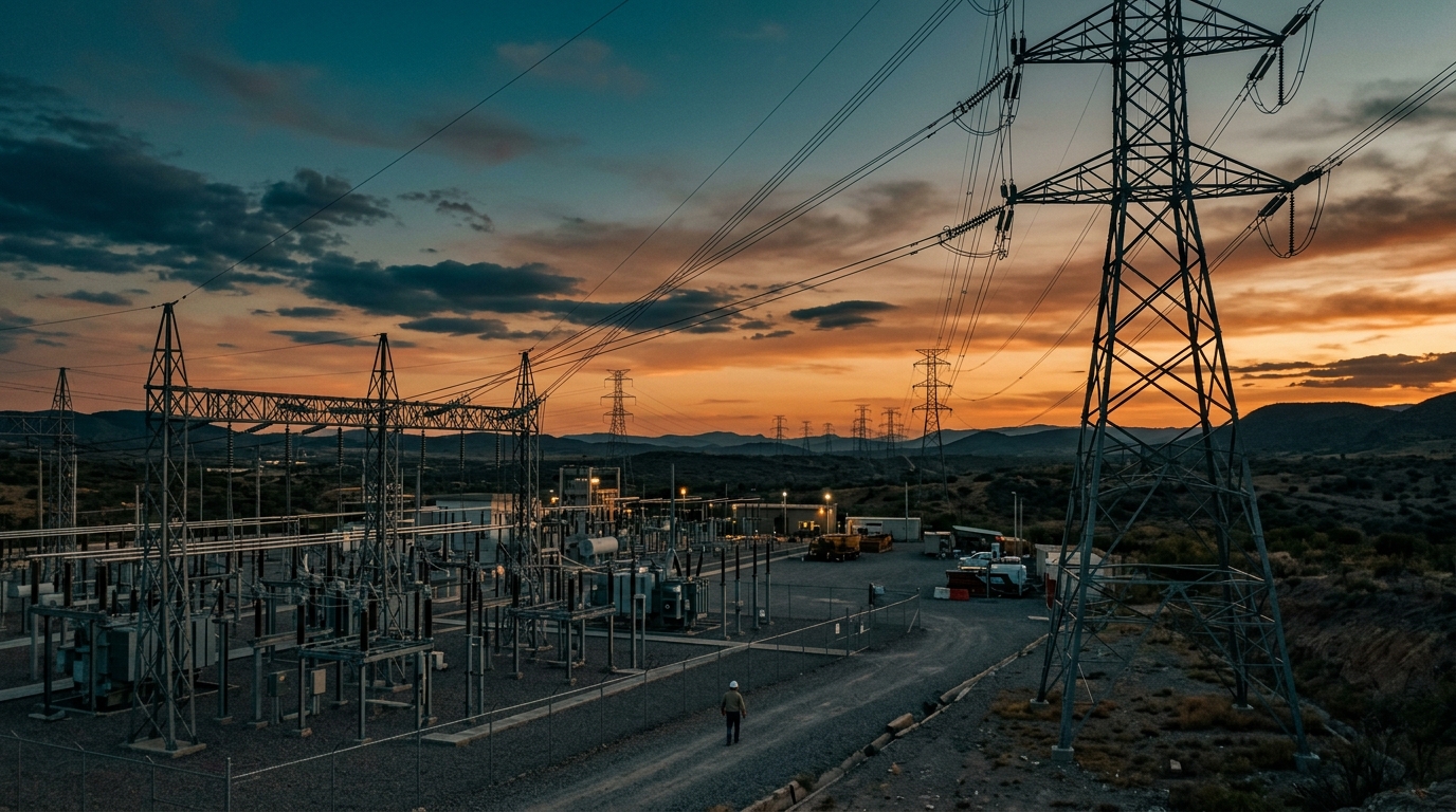 Torres de transmisión eléctrica de CFE financiadas con emisión de CEBURES al atardecer