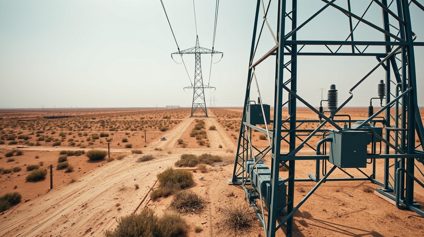 Torre de transmisión eléctrica sobre paisaje costero de Tamaulipas al mediodía