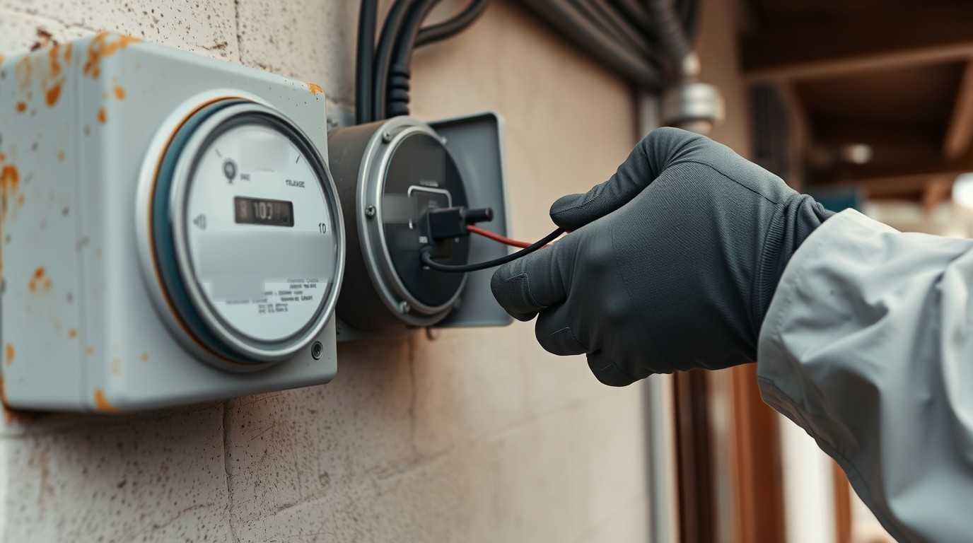 A technician from an electric utility checks a residential meter on a sidewalk in Mexico
