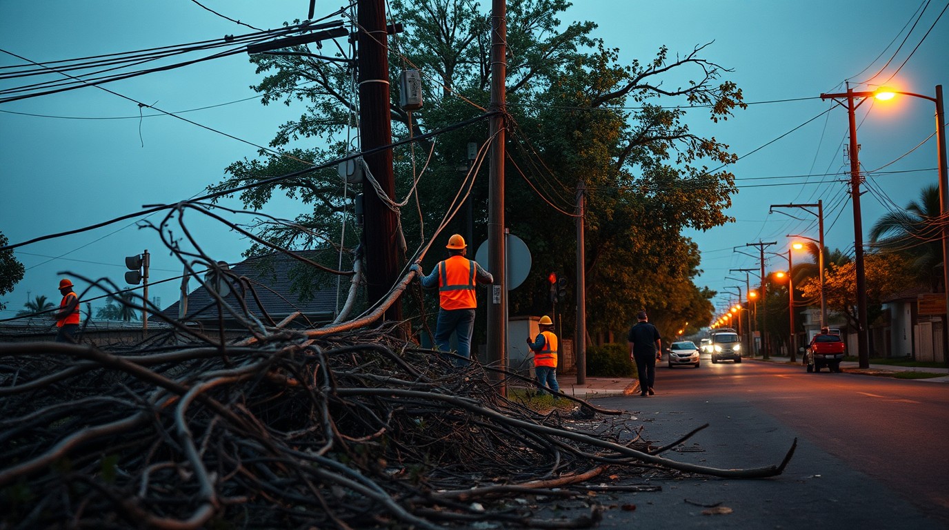Camión de cuadrillas eléctricas junto a postes caídos tras el huracán Trudy