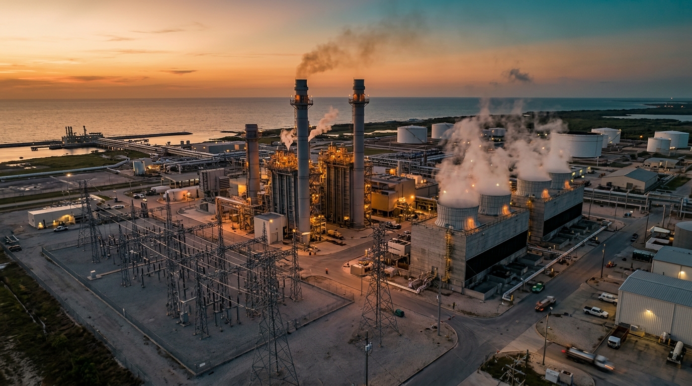 CFE combined-cycle power plants with transmission towers at dusk