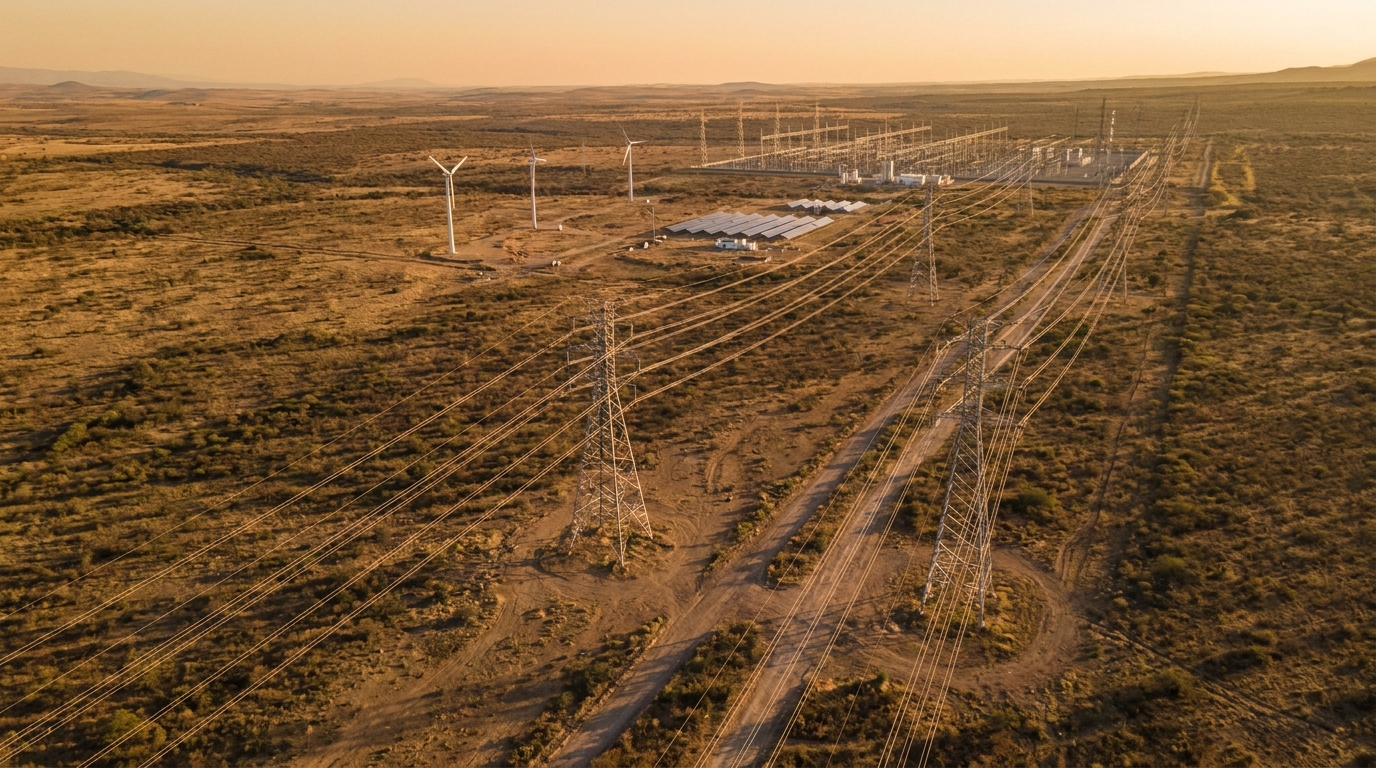 Líneas de alta tensión en corredor de transmisión del centro de México al atardecer