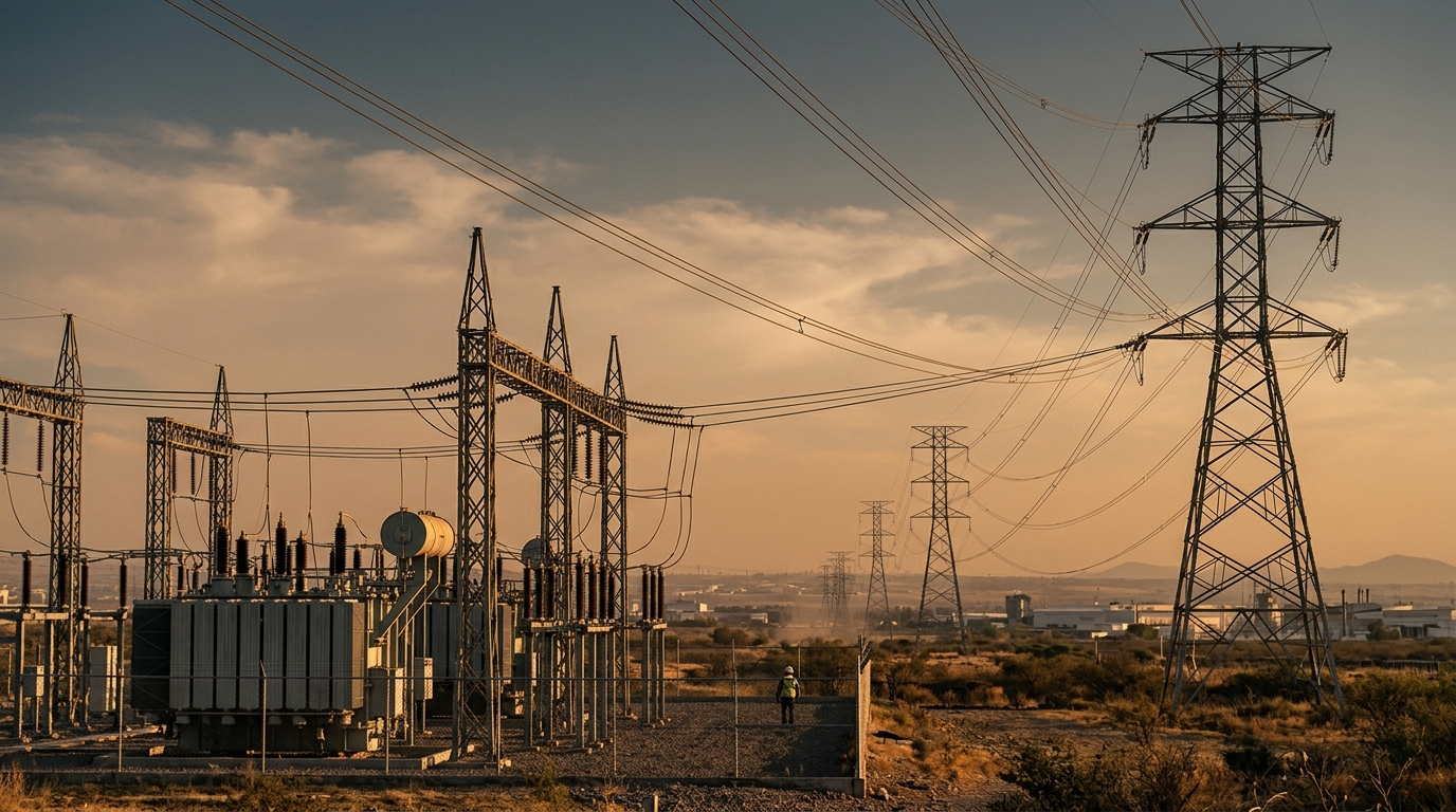 Torres de transmisión y subestación eléctrica en el Bajío industrial de Guanajuato