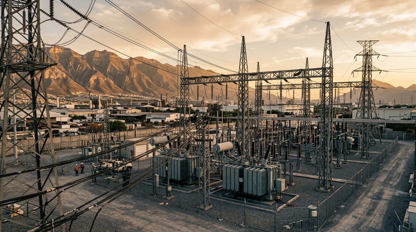 Subestación eléctrica y torres de transmisión en Nuevo León al atardecer