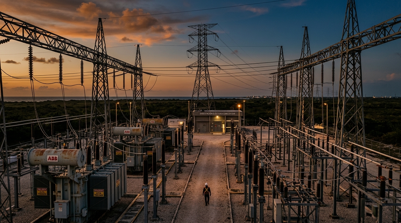 Quintana Roo power grid, high-voltage substation with transmission towers in a coastal zone