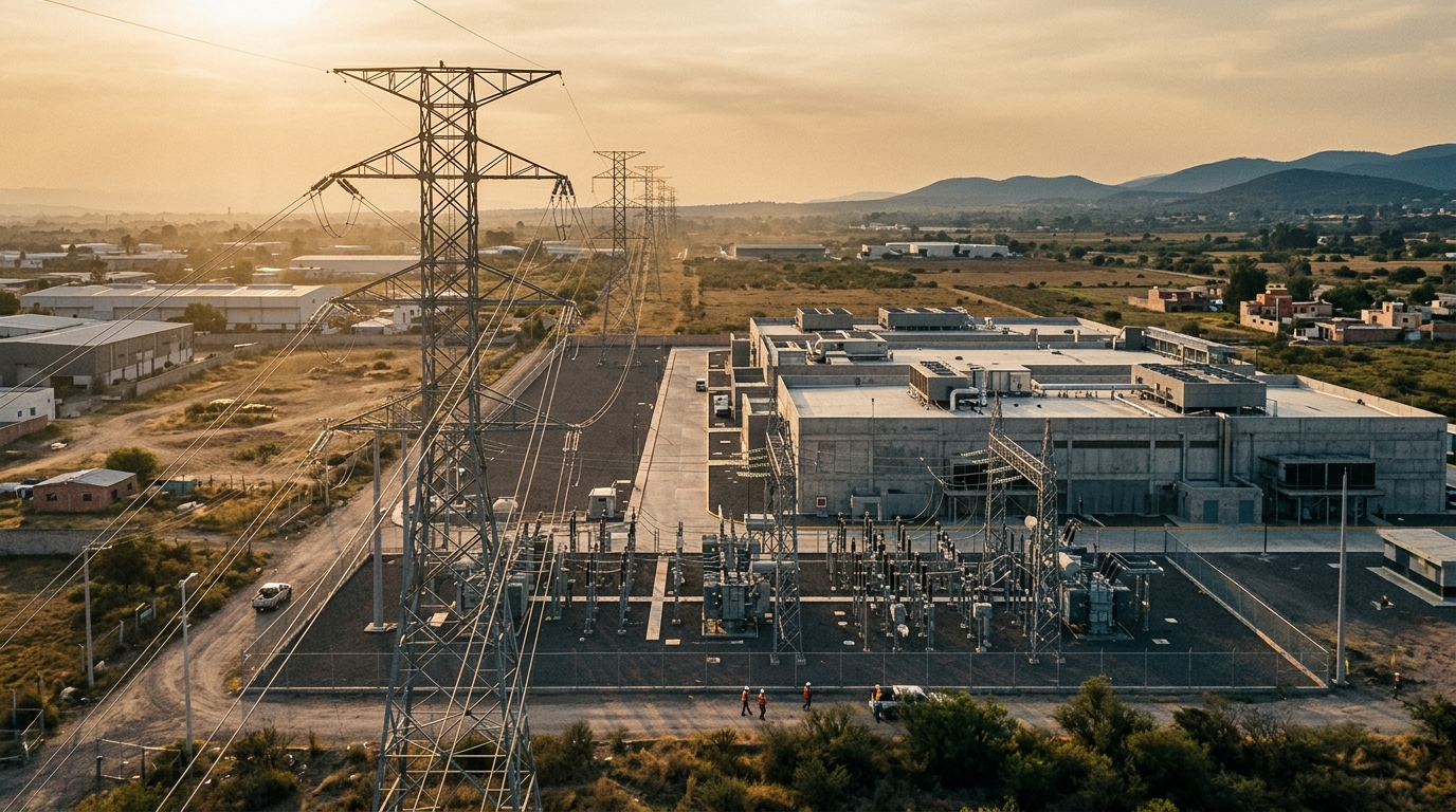 Power transmission towers leading to an industrial data center in Mexico
