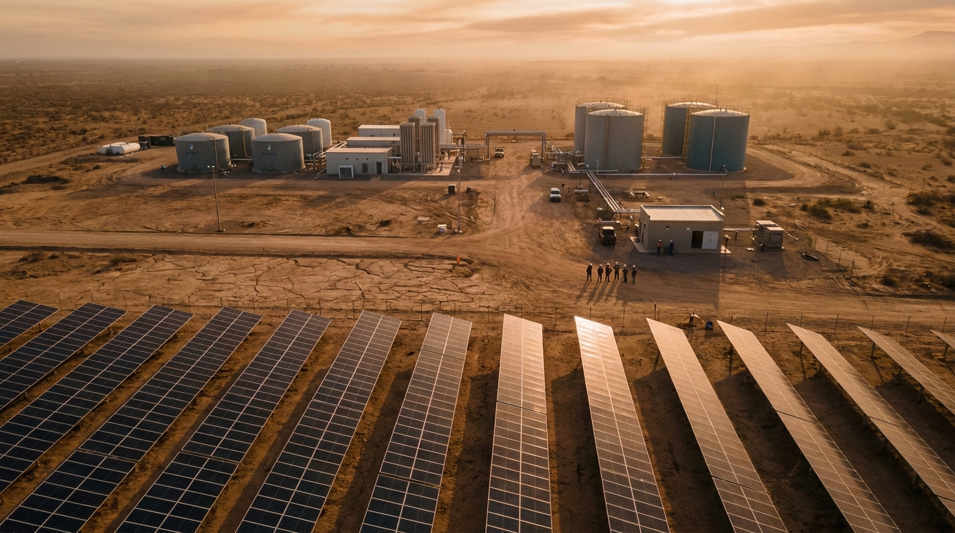 Planta solar y tanques de almacenamiento de hidrógeno verde en paisaje desértico de Mulegé, Baja California Sur