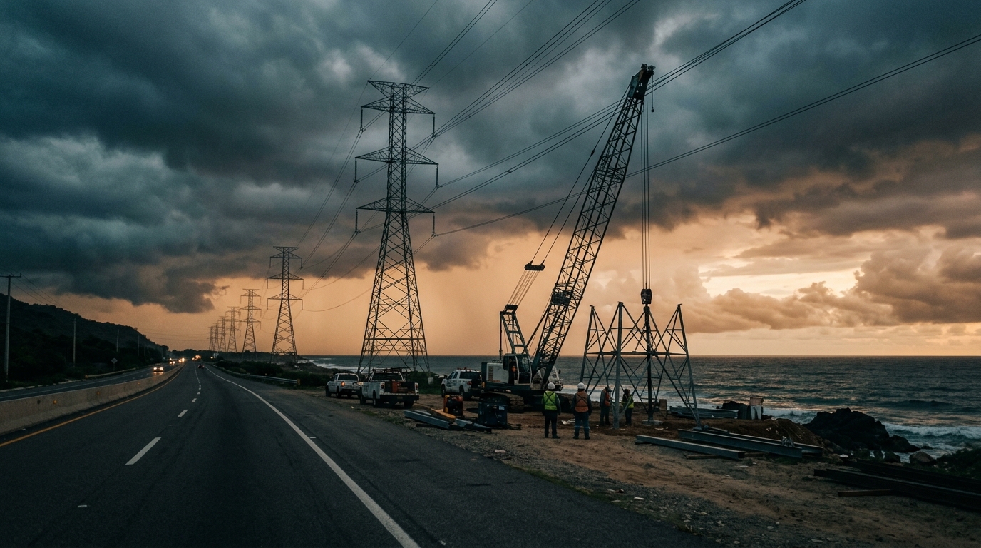 Transmission towers and emergency cranes ahead of Hurricane Polo in Guerrero