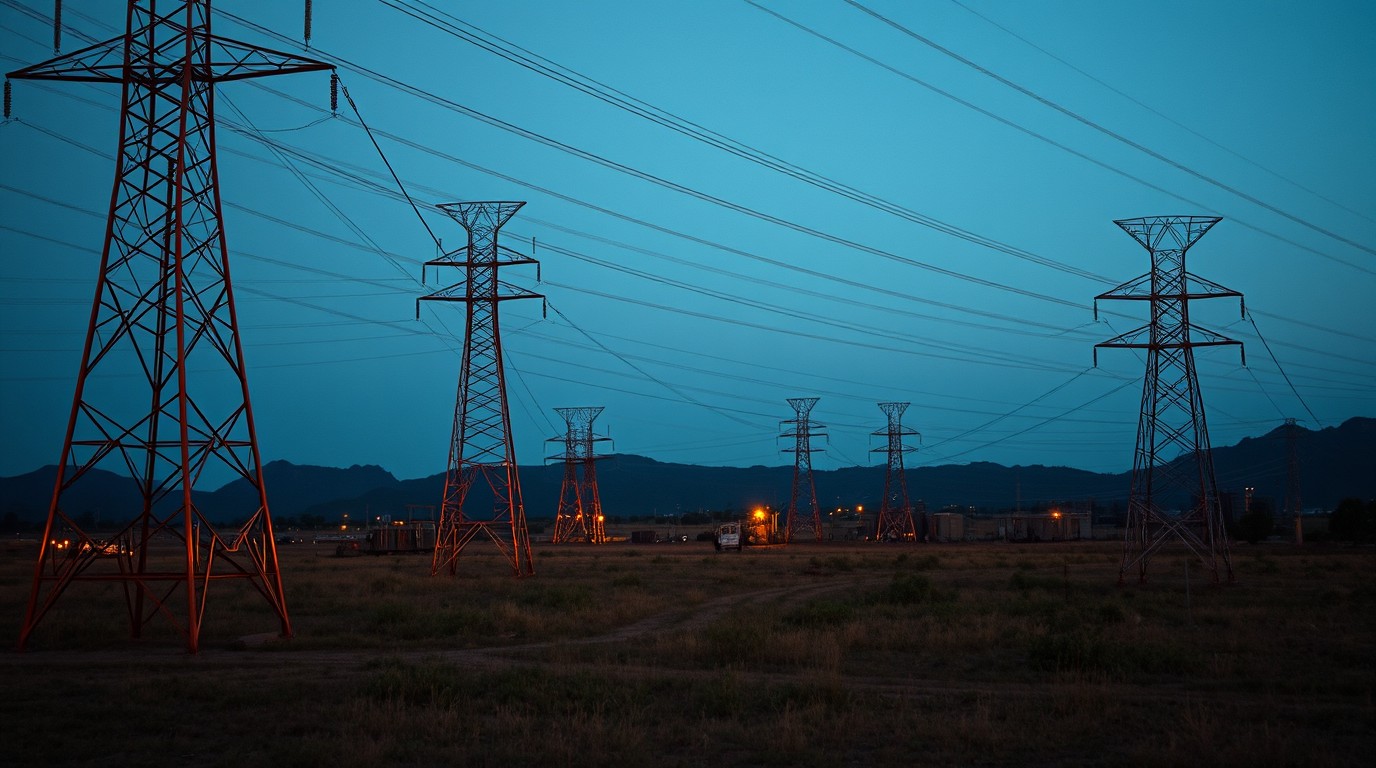 Instalaciones de transmisión eléctrica con torres y líneas de alta tensión al atardecer
